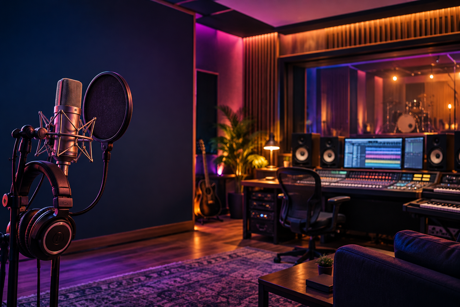 Contemporary music production studio with microphone and mixing console